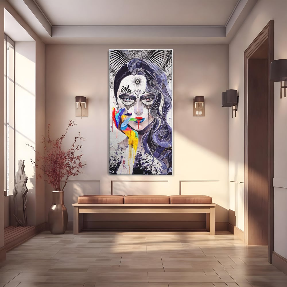 Tablou canvas cu tablou canvas cu portret abstract feminin, in rama de aluminiu argintiu